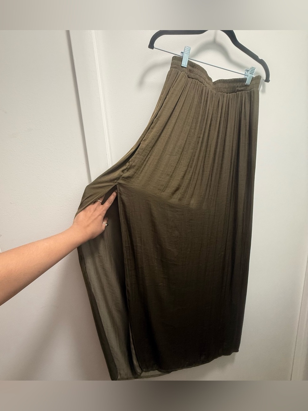 Olive Green Satin Pleated by Maxi Skirt with Side Slit